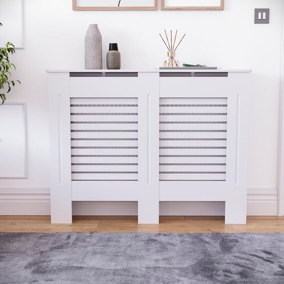 Vida Designs Milton Heizkörperabdeckung Weiß - Mittel - Modernes horizontales Lamellendesign für optimale Wärmeverteilung - H82xW111xD19cm - Lackiertes MDF-Möbel Ideal für Wohnzimmer und Flur
