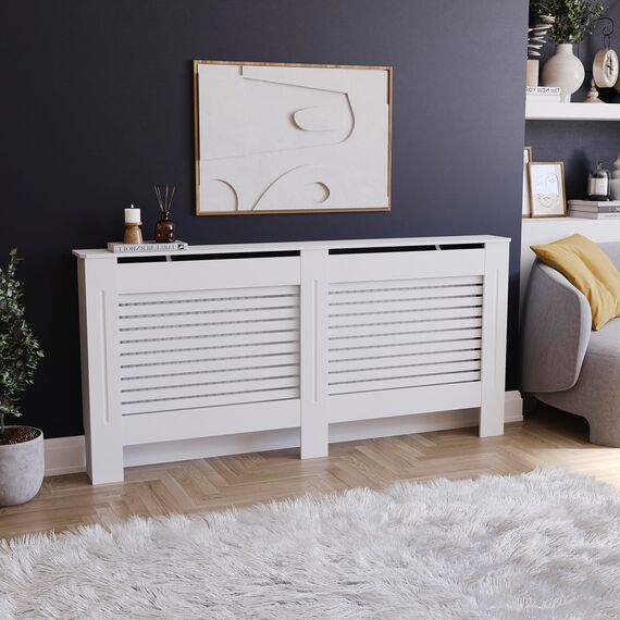 Vida Designs Milton Heizkörperabdeckung Weiß - Extra Groß - Modernes horizontales Lamellendesign für optimale Wärmeverteilung - H82xW172xD19cm - Lackiertes MDF-Möbel Ideal für Wohnzimmer und Flur