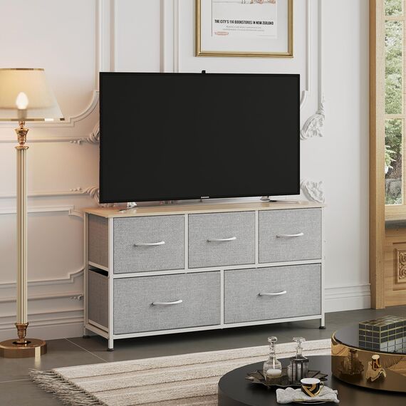 WLIVE Kommode mit 5 Schubladen aus Stoff, Kommodenschrank für Schlafzimmer, Kommode Wohnzimmer Flur, mit Stabiler Stahlrahmen, Holzplatte, Hellgrau