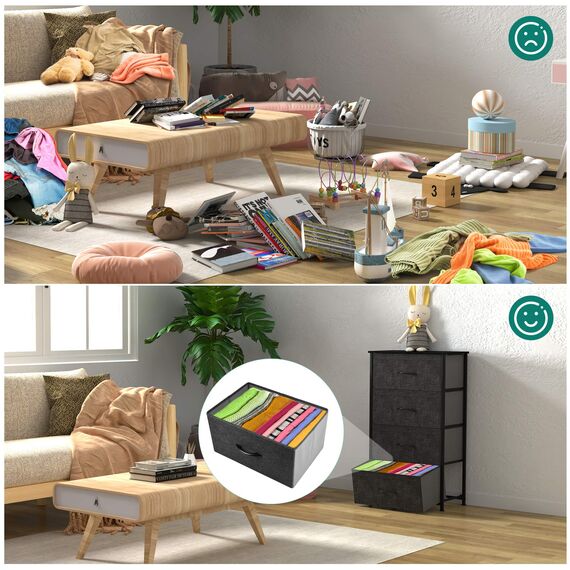 YITAHOME kommode Schmal, Schrank mit 4 Schubladen aus Stoff, Aufbewahrungskommode Industrial Stil für Schlafzimmer, Wohnzimmer,Flur, Schwarz Aufbewahrungsschrank