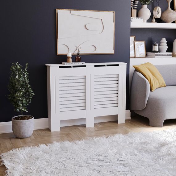 Vida Designs Milton Heizkörperabdeckung Weiß - Mittel - Modernes horizontales Lamellendesign für optimale Wärmeverteilung - H82xW111xD19cm - Lackiertes MDF-Möbel Ideal für Wohnzimmer und Flur