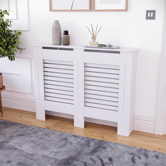 Vida Designs Milton Heizkörperabdeckung Weiß - Mittel - Modernes horizontales Lamellendesign für optimale Wärmeverteilung - H82xW111xD19cm - Lackiertes MDF-Möbel Ideal für Wohnzimmer und Flur