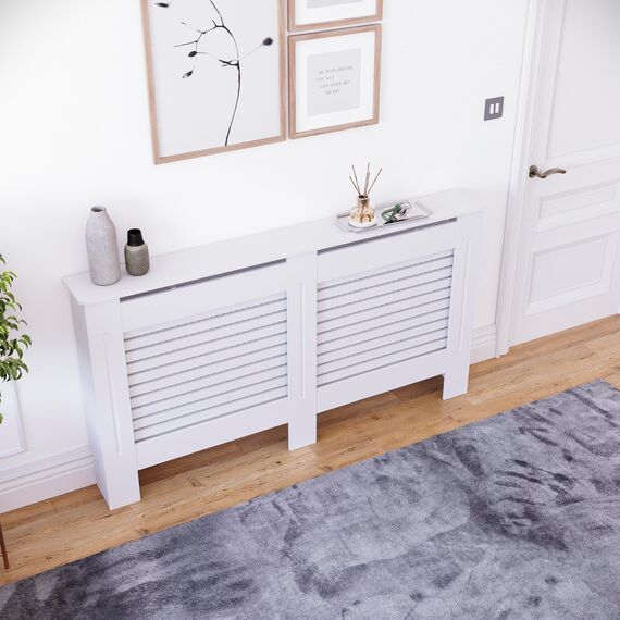Vida Designs Milton Heizkörperabdeckung Weiß - Groß - Modernes horizontales Lamellendesign für optimale Wärmeverteilung - H82xW152xD19cm - Lackiertes MDF-Möbel Ideal für Wohnzimmer und Flur