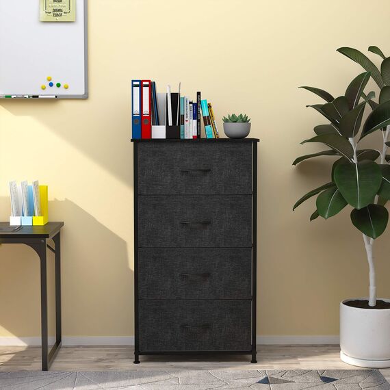 YITAHOME kommode Schmal, Schrank mit 4 Schubladen aus Stoff, Aufbewahrungskommode Industrial Stil für Schlafzimmer, Wohnzimmer,Flur, Schwarz Aufbewahrungsschrank