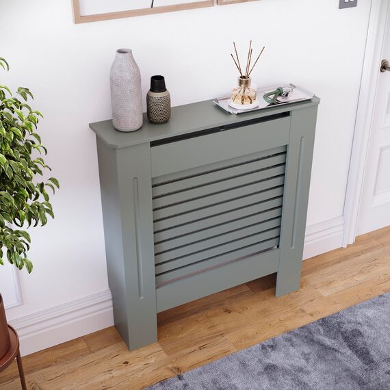 Vida Designs Milton Heizkörperabdeckung Olive Grey - Klein - Modernes horizontales Lamellendesign für optimale Wärmeverteilung - H82xW78xD19cm - Lackiertes MDF-Möbel Ideal für Wohnzimmer und Flur