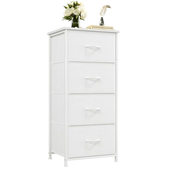 Somdot Kommode mit Schubladen, Kommode Schlafzimmer Wohnzimmer Flur, Komodenschrank Schubladenschrank Aufbewahrungsschrank Stoffkommode, 4 Stoffschubladen, Weiß, 30T x 42B x 93H cm