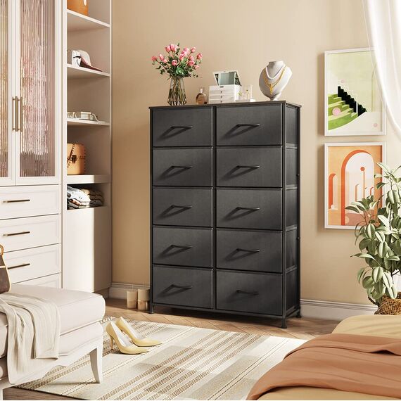 WLIVE Große schwarze Kommode für Schlafzimmer mit 10 Schubladen, Kommoden, Schlafzimmermöbel, Aufbewahrungs-Organizer mit Stoffbehältern für Schrank, Flur, Wohnzimmer, Eingangsbereich