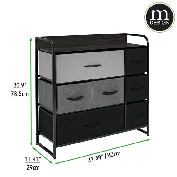 mDesign Kommode mit 7 Schubladen – breiter Schubladenschrank für Schlafzimmer, Wohnzimmer oder Flur – Kleiderkommode aus Metall, MDF und Stoff – Mehrfarbig/grau/schwarz