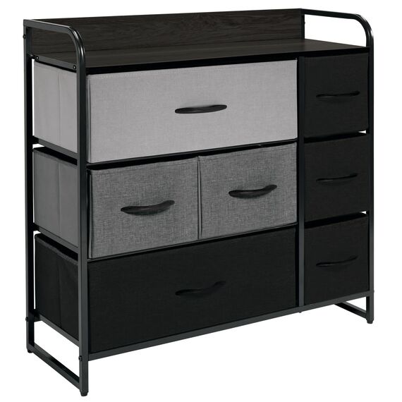 mDesign Kommode mit 7 Schubladen – breiter Schubladenschrank für Schlafzimmer, Wohnzimmer oder Flur – Kleiderkommode aus Metall, MDF und Stoff – Mehrfarbig/grau/schwarz