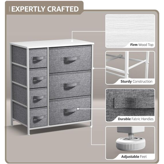 Sorbus Kommode mit Schubladen - Möbel-Aufbewahrungsschrank für Schlafzimmer, Flur, Schrank, Büro Organisation - Stahlrahmen, Holzoberfläche, leicht zu ziehende Stoffeimer 7-Drawer Weiß/Grau
