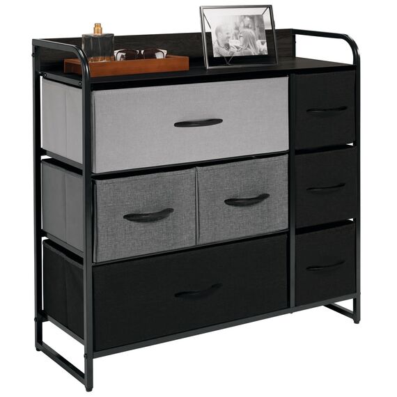 mDesign Kommode mit 7 Schubladen – breiter Schubladenschrank für Schlafzimmer, Wohnzimmer oder Flur – Kleiderkommode aus Metall, MDF und Stoff – Mehrfarbig/grau/schwarz