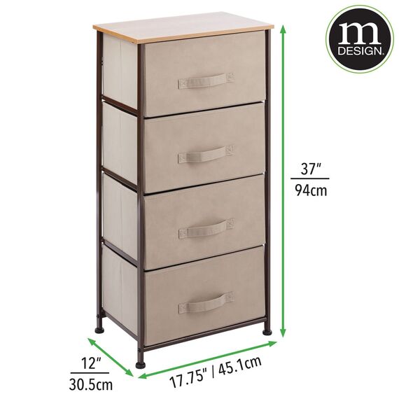 mDesign Kommode mit 4 Schubladen – praktischer Schubladenschrank mit MDF-Holzplatte für Schlafzimmer, Wohnzimmer oder Flur – Kleiderkommode aus Metall und Stoff – braun und dunkelbraun