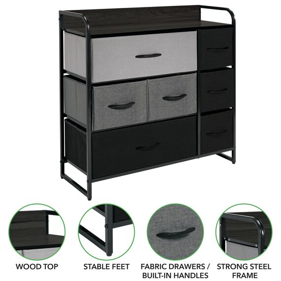 mDesign Kommode mit 7 Schubladen – breiter Schubladenschrank für Schlafzimmer, Wohnzimmer oder Flur – Kleiderkommode aus Metall, MDF und Stoff – Mehrfarbig/grau/schwarz