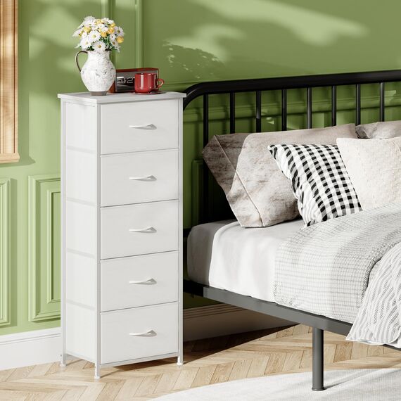 Somdot Kommode mit Schubladen aus Stoff für Schlafzimmer, Kommode Wohnzimmer Flur, Komodenschrank Schubladenschrank Aufbewahrungsschrank Stoffkommode, 5 Stoffschubladen, Weiß