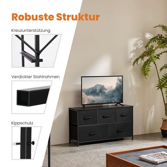 Sweetcrispy Kommode,Sideboard Wohnzimmer für Schlafzimmer mit 5 Stoffschubladen,Einstellbare Füße Schubladenschrank,Komodenschrank für Schlafzimmer,Klassisch Schwarz