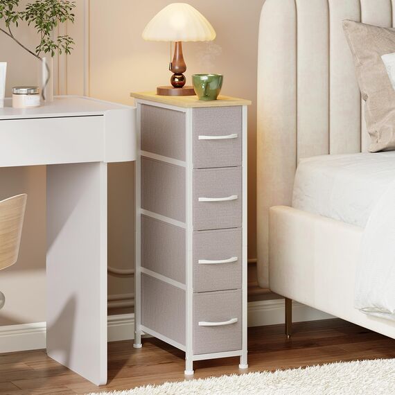 Somdot Kommode mit Schubladen, Kommode Schmal Schlafzimmer Wohnzimmer Flur, Komodenschrank Schubladenschrank Aufbewahrungsschrank Stoffkommode, 4 Stoffschubladen, Ashgrau, 48T x 20B x 75H cm