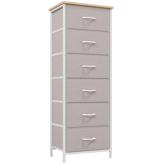 Somdot Kommode mit Schubladen aus Stoff für Schlafzimmer, Kommode Wohnzimmer Flur, Komodenschrank Schubladenschrank Aufbewahrungsschrank Stoffkommode, 6 Stoffschubladen, Aschgrau