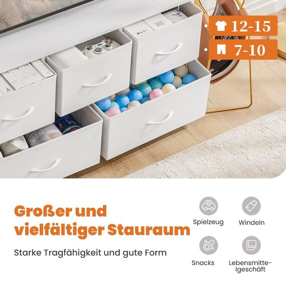 Sweetcrispy Kommode,Sideboard Wohnzimmer für Schlafzimmer mit 5 Stoffschubladen,Einstellbare Füße Schubladenschrank,Komodenschrank für Schlafzimmer,Modernes Weiß
