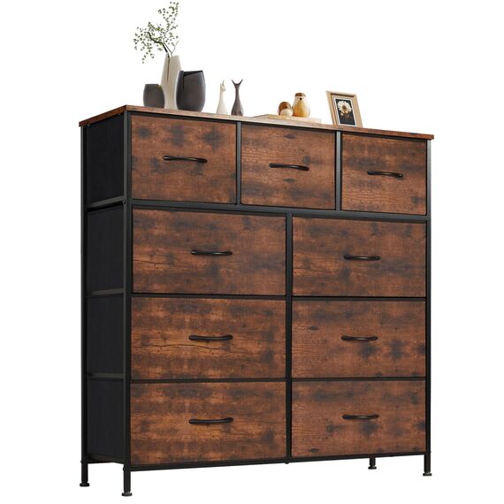 Sweetcrispy Kommode,Sideboard Wohnzimmer für Schlafzimmer mit 9 Stoffschubladen,Einstellbare Füße Schubladenschrank,Komodenschrank für Schlafzimmer,Modernes Braun