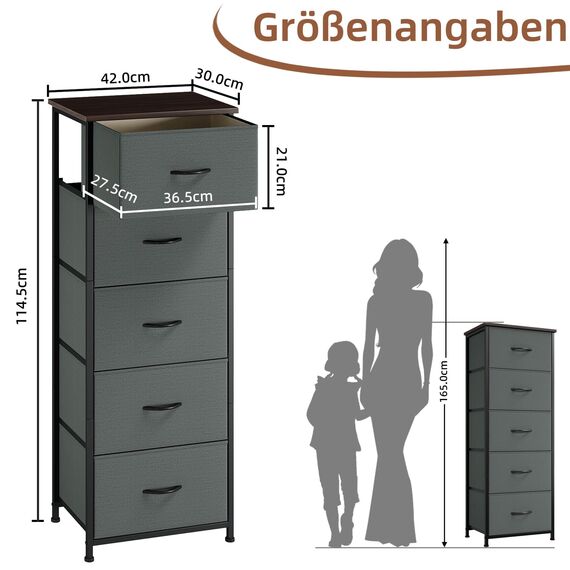 Somdot Kommode mit Schubladen aus Stoff für Schlafzimmer, Kommode Wohnzimmer Flur, Komodenschrank Schubladenschrank Aufbewahrungsschrank Stoffkommode, 5 Stoffschubladen, Kohlegrau