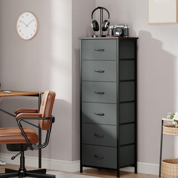 Somdot Kommode mit Schubladen aus Stoff für Schlafzimmer, Kommode Wohnzimmer Flur, Komodenschrank Schubladenschrank Aufbewahrungsschrank Stoffkommode, 6 Stoffschubladen, Kohlegrau