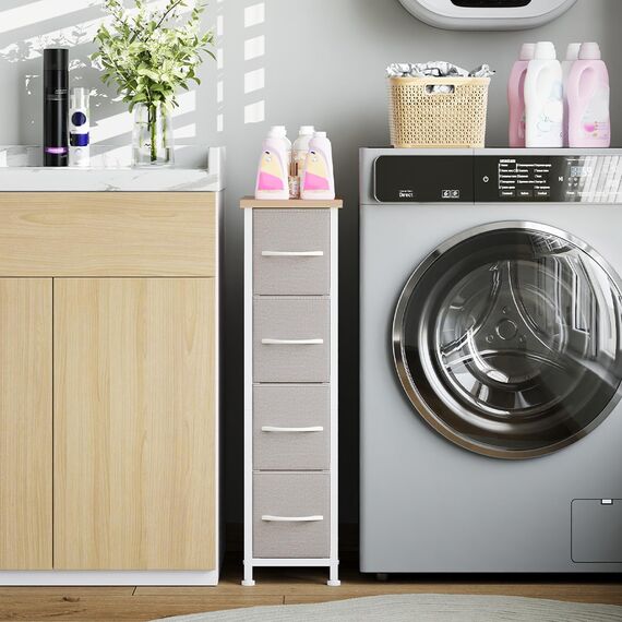 Somdot Kommode mit Schubladen, Kommode Schmal Schlafzimmer Wohnzimmer Flur, Komodenschrank Schubladenschrank Aufbewahrungsschrank Stoffkommode, 4 Stoffschubladen, Ashgrau, 48T x 20B x 75H cm