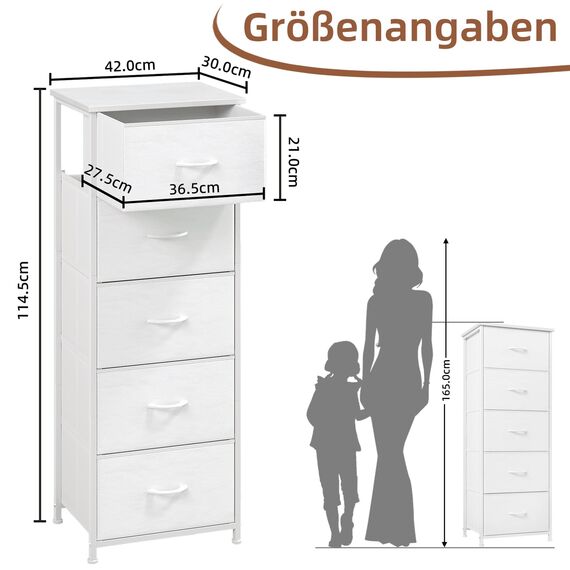 Somdot Kommode mit Schubladen aus Stoff für Schlafzimmer, Kommode Wohnzimmer Flur, Komodenschrank Schubladenschrank Aufbewahrungsschrank Stoffkommode, 5 Stoffschubladen, Weiß