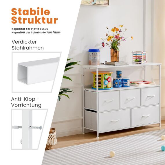Sweetcrispy Kommode,TV Schrank Stand für Schlafzimmer mit 5 Stoffschubladen,Sideboard Wohnzimmer für 115cm TV,Einstellbare Füße Schubladenschrank,Komodenschrank für Schlafzimmer,Modernes Weiß