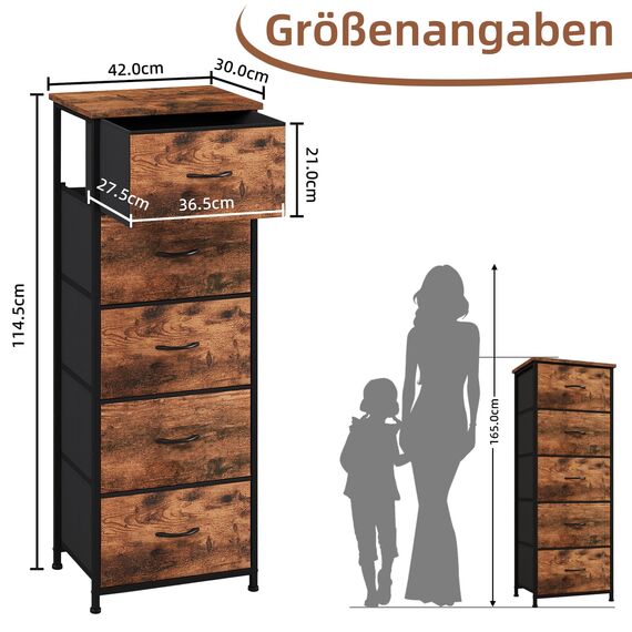 Somdot Kommode mit Schubladen aus Stoff für Schlafzimmer, Kommode Wohnzimmer Flur, Komodenschrank Schubladenschrank Aufbewahrungsschrank Stoffkommode, 5 Stoffschubladen, Holzmaserung