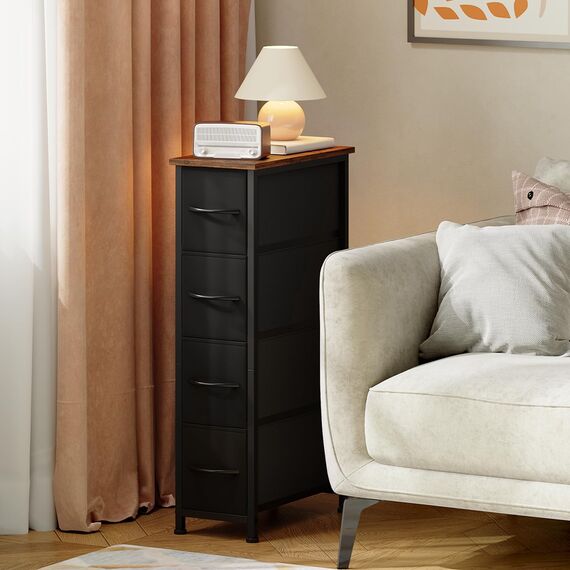 Somdot Kommode mit Schubladen, Kommode Schmal Schlafzimmer Wohnzimmer Flur, Komodenschrank Schubladenschrank Aufbewahrungsschrank Stoffkommode, 4 Stoffschubladen, Rustikales Braun, 48T x 20B x 75H cm