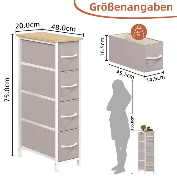 Somdot Kommode mit Schubladen, Kommode Schmal Schlafzimmer Wohnzimmer Flur, Komodenschrank Schubladenschrank Aufbewahrungsschrank Stoffkommode, 4 Stoffschubladen, Ashgrau, 48T x 20B x 75H cm