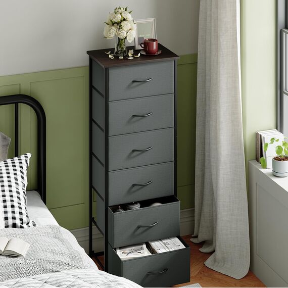 Somdot Kommode mit Schubladen aus Stoff für Schlafzimmer, Kommode Wohnzimmer Flur, Komodenschrank Schubladenschrank Aufbewahrungsschrank Stoffkommode, 6 Stoffschubladen, Kohlegrau