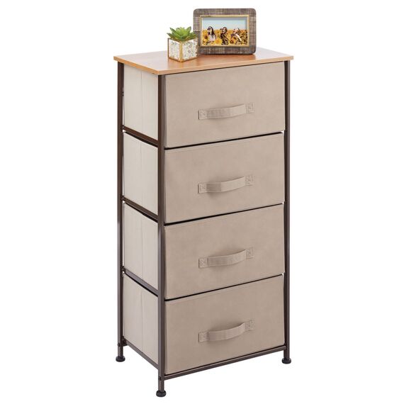 mDesign Kommode mit 4 Schubladen – praktischer Schubladenschrank mit MDF-Holzplatte für Schlafzimmer, Wohnzimmer oder Flur – Kleiderkommode aus Metall und Stoff – braun und dunkelbraun