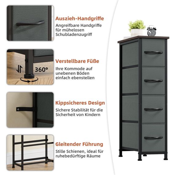 Somdot Kommode mit Schubladen, Kommode Schmal Schlafzimmer Wohnzimmer Flur, Komodenschrank Schubladenschrank Aufbewahrungsschrank Stoffkommode, 4 Stoffschubladen, Kohlegrau, 48T x 20B x 75H cm