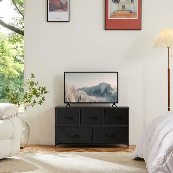 Sweetcrispy Kommode,Sideboard Wohnzimmer für Schlafzimmer mit 5 Stoffschubladen,Einstellbare Füße Schubladenschrank,Komodenschrank für Schlafzimmer,Klassisch Schwarz