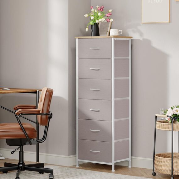 Somdot Kommode mit Schubladen aus Stoff für Schlafzimmer, Kommode Wohnzimmer Flur, Komodenschrank Schubladenschrank Aufbewahrungsschrank Stoffkommode, 6 Stoffschubladen, Aschgrau
