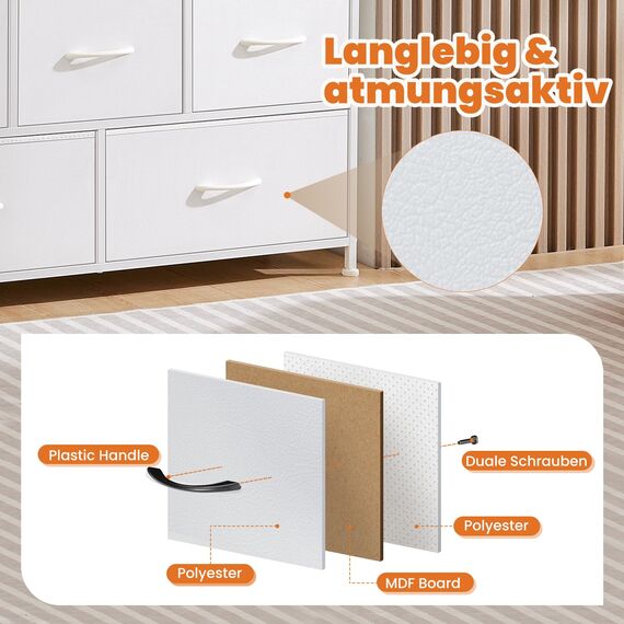 Sweetcrispy Kommode,TV Schrank Stand für Schlafzimmer mit 5 Stoffschubladen,Sideboard Wohnzimmer für 115cm TV,Einstellbare Füße Schubladenschrank,Komodenschrank für Schlafzimmer,Modernes Weiß