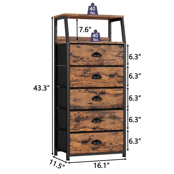 Hohe 5 Schubladen, Kommoden-Organizer, vertikaler Stoff-Aufbewahrungsturm für Schlafzimmer, Flur, Eingangsbereich, Schrank, Kinderzimmer, Nachttisch, Möbel, Holzplatte, einfacher Griff (5 Schubladen)