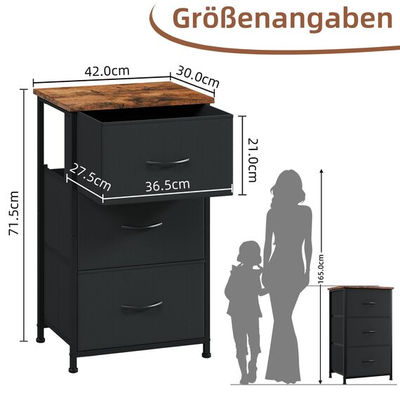 Somdot Kommode mit Schubladen, Kommode Schlafzimmer Wohnzimmer Flur, Komodenschrank Schubladenschrank Aufbewahrungsschrank Stoffkommode, 3 Stoffschubladen, Rustikales Braun, 30T x 42B x 71,5H cm