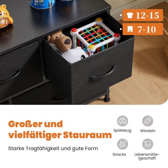 Sweetcrispy Kommode,Sideboard Wohnzimmer für Schlafzimmer mit 5 Stoffschubladen,Einstellbare Füße Schubladenschrank,Komodenschrank für Schlafzimmer,Klassisch Schwarz