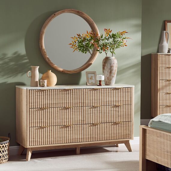 T4TREAM Geriffelte Kommode mit 6 Schubladen, 137,2 cm breit, moderne Kommode mit Kunstmarmor-Oberseite, gebogenes Profil-Design, Kommode, TV-Ständer, Holz-Schubladen-Organizer für Schlafzimmer,