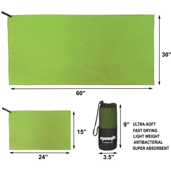 EPAUTO 2er-Pack schnell trocknende Reise-Fitnesshandtücher aus Mikrofaser, Grün, (60'' x 30'', 24'' x 15'')