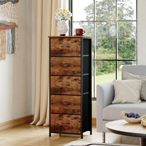 Somdot Kommode mit Schubladen aus Stoff für Schlafzimmer, Kommode Wohnzimmer Flur, Komodenschrank Schubladenschrank Aufbewahrungsschrank Stoffkommode, 5 Stoffschubladen, Holzmaserung