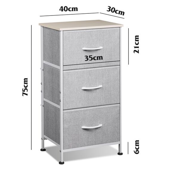 WLIVE Kommode mit 3 Schubladen aus Stoff, Kommodenschrank für Schlafzimmer, Kommode Wohnzimmer, mit Stabiler Stahlrahmen, Holzplatte, Hellgrau