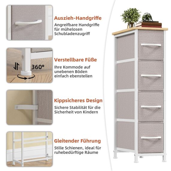 Somdot Kommode mit Schubladen, Kommode Schmal Schlafzimmer Wohnzimmer Flur, Komodenschrank Schubladenschrank Aufbewahrungsschrank Stoffkommode, 4 Stoffschubladen, Ashgrau, 48T x 20B x 75H cm