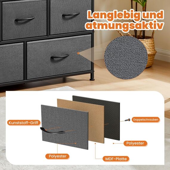Sweetcrispy Kommode,Sideboard Wohnzimmer für Schlafzimmer mit 5 Stoffschubladen,Einstellbare Füße Schubladenschrank,Komodenschrank für Schlafzimmer,Modernes Grau