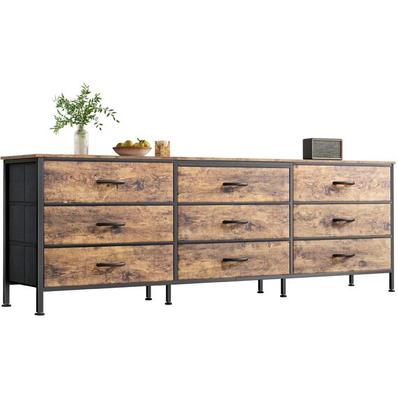 Huuger 160 cm Kommode für Schlafzimmer, Kommode für Schrank mit 9 Schubladen, großer TV-Ständer für 55, 65, 70 Zoll Fernseher, Unterhaltungszentrum mit Stauraum, breite lange Kommode, rustikales Braun
