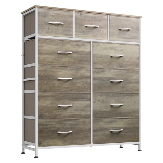 WLIVE Hohe Kommode für Schlafzimmer, Stoffkommode, Aufbewahrungsturm, Kommode und Kommode, Organizer mit 11 Schubladen, Aufbewahrungsschrank, Flur, Schränke, Stahlrahmen, Holzplatte (Greige)