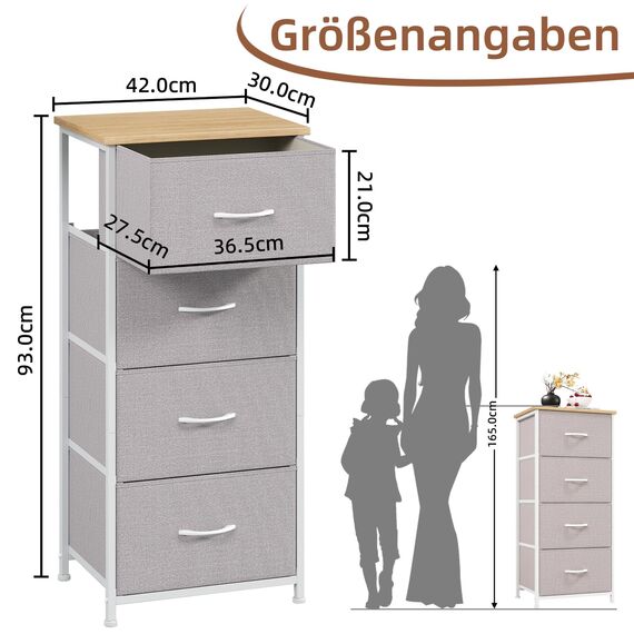 Somdot Kommode mit Schubladen, Kommode Schlafzimmer Wohnzimmer Flur, Komodenschrank Schubladenschrank Aufbewahrungsschrank Stoffkommode, 4 Stoffschubladen, Ashgrau, 30T x 42B x 93H cm
