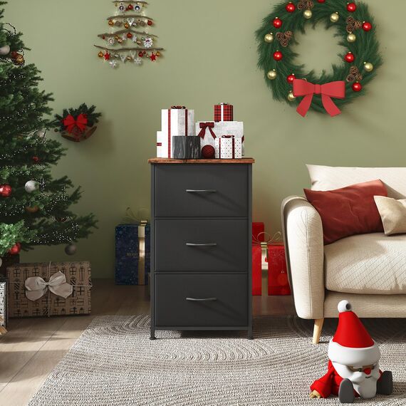 Somdot Kommode mit Schubladen, Kommode Schlafzimmer Wohnzimmer Flur, Komodenschrank Schubladenschrank Aufbewahrungsschrank Stoffkommode, 3 Stoffschubladen, Rustikales Braun, 30T x 42B x 71,5H cm
